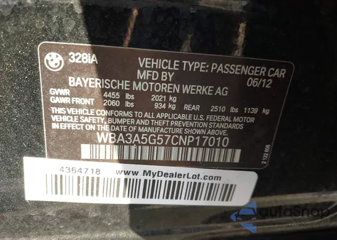 2012 BMW 328I z USA, uszkodzony, nr VIN WBA3A5G57CNP17010